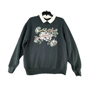 VTG 90s Cat Kitten Graphic Crewneck Sweatshirt Collar Grannycore Kidcore Sz L